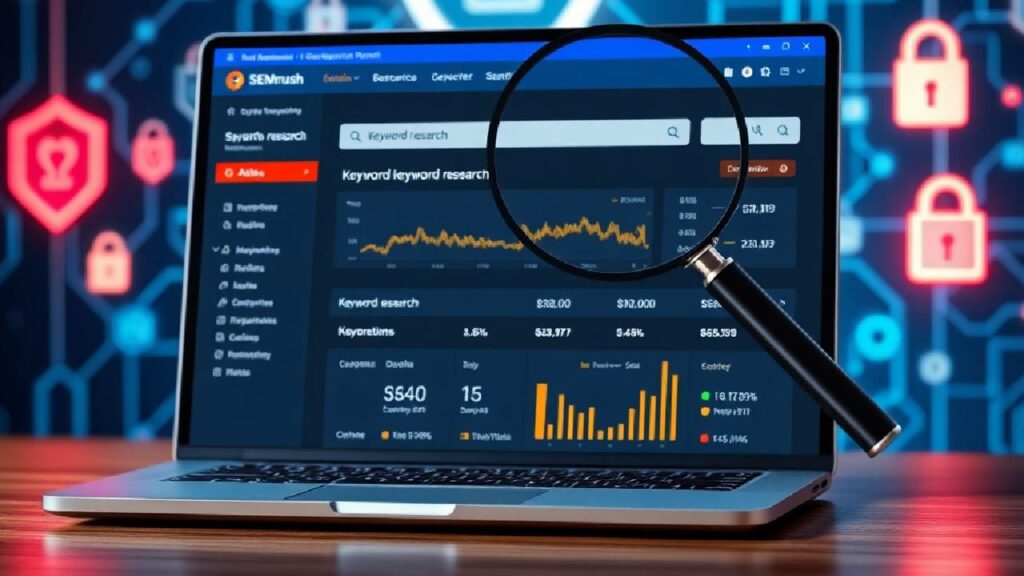 A laptop displaying the SEMrush keyword research tool with analytics, keyword trends, and search volume insights, highlighted by a magnifying glass.
