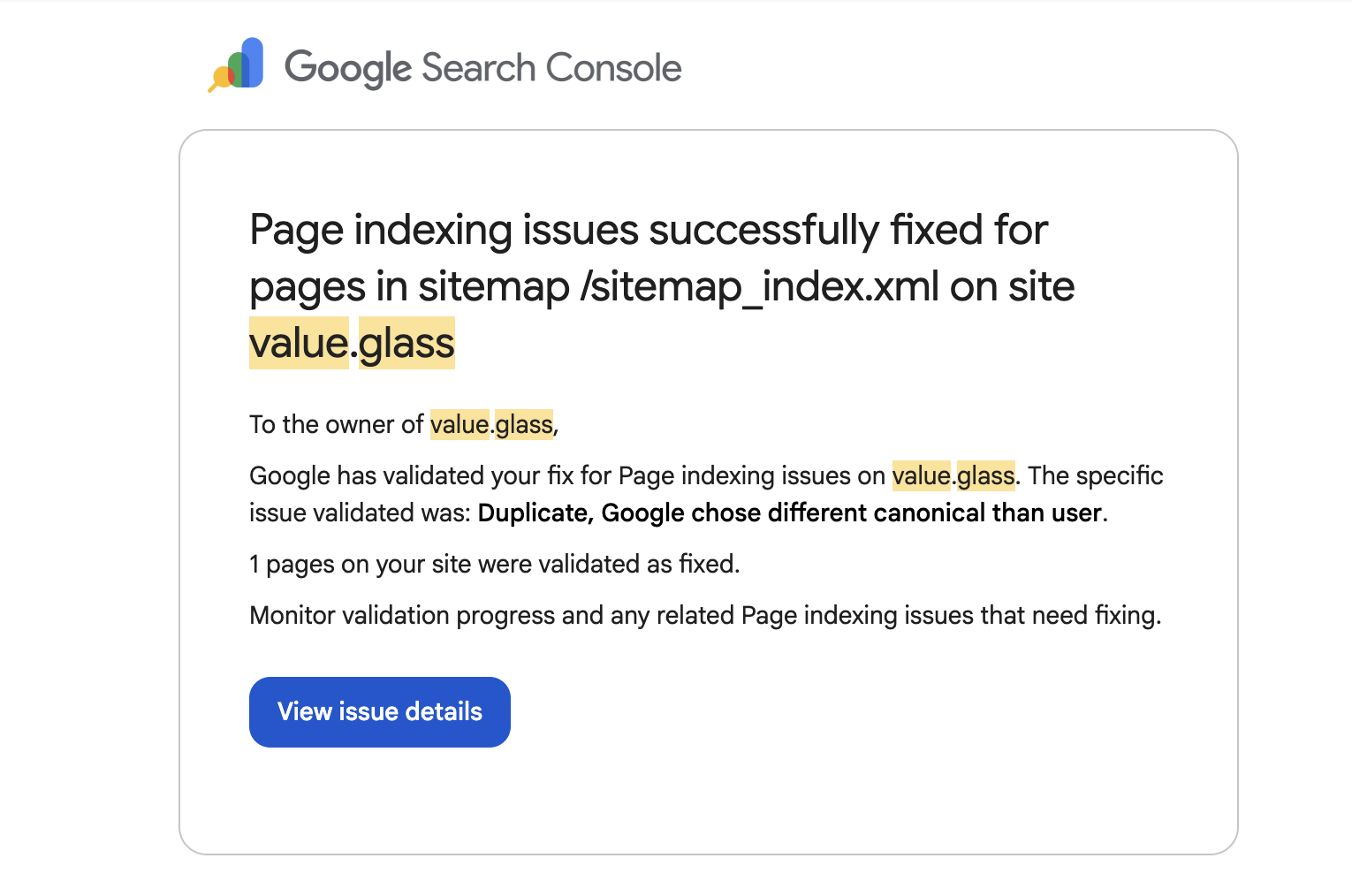 Page indexing issue successfully fixed and validated for value.glass.