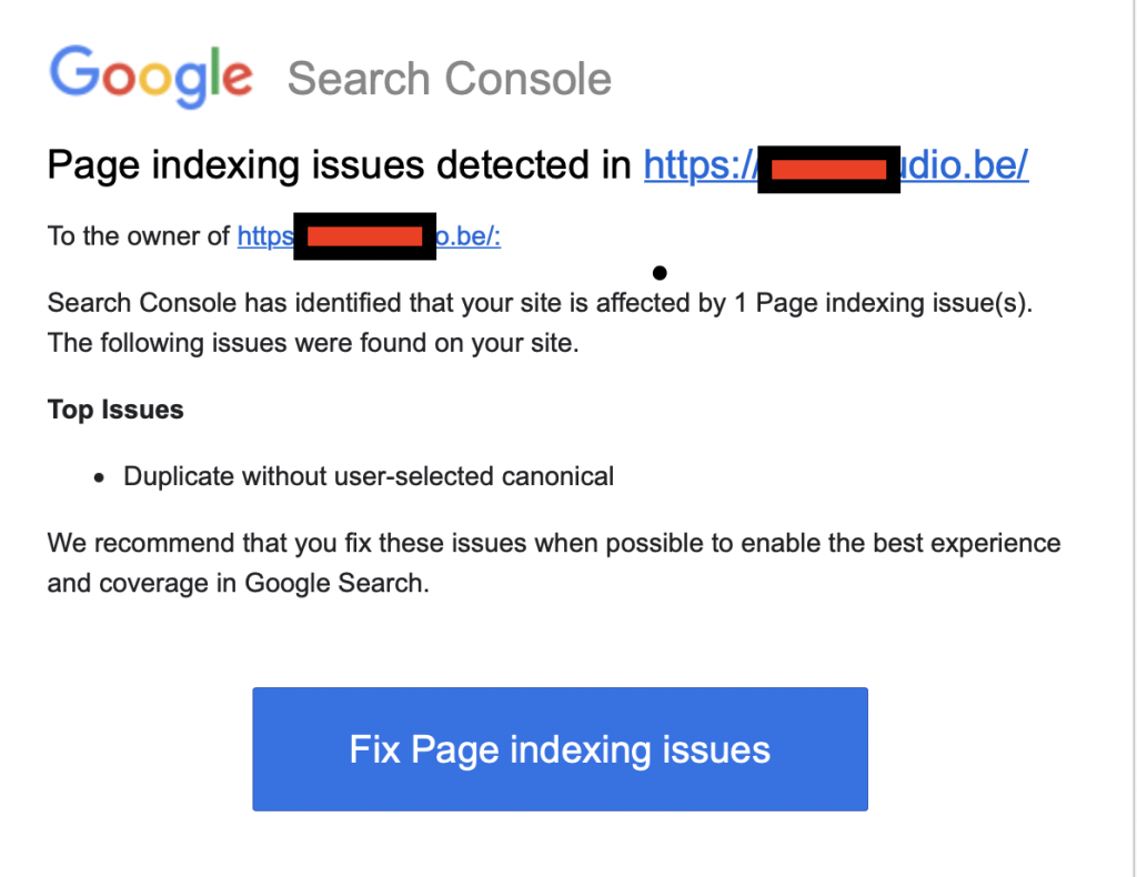 page indexing issues detected by Google search console