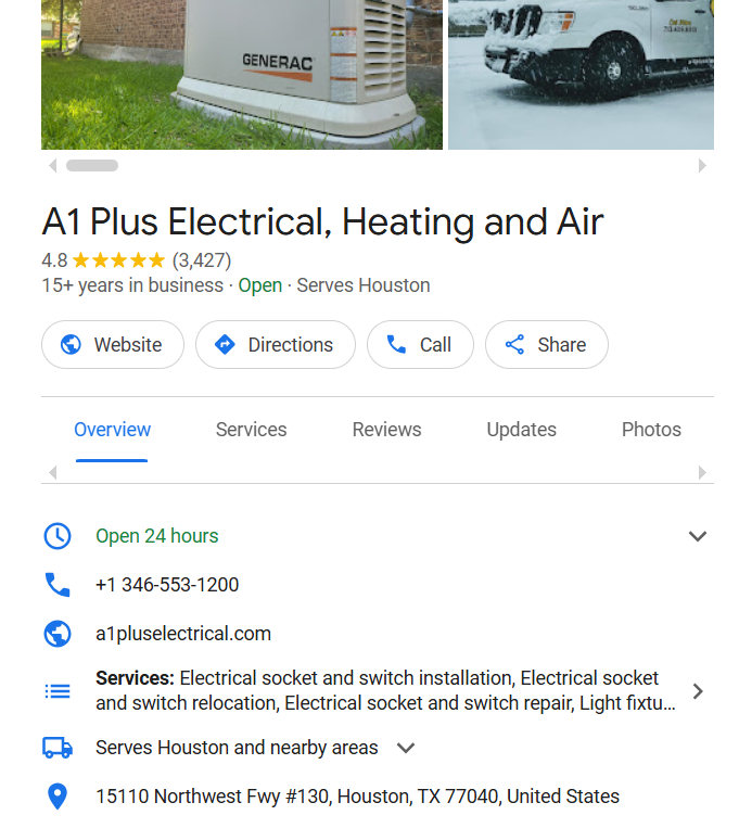 How Can Electricians Improve Their Local SEO to Attract More Customers? 4 Google Business Profile listing for A1 Plus Electrical, Heating and Air, showing business details, contact information, services, and location in Houston, TX.