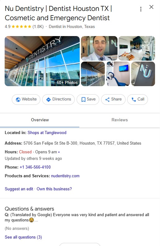 Building and Managing Local Citations for Dental SEO 4 Google Business listing for Nu Dentistry in Houston, TX, showing ratings, address, contact details, hours, and images of the clinic.