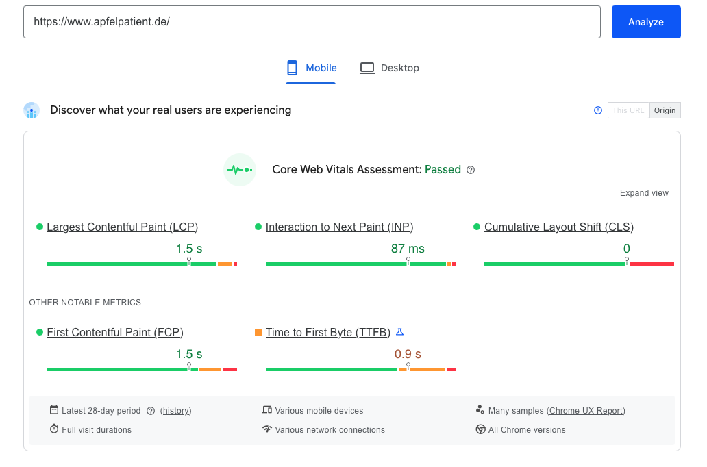 Core Web Vitals assessment report for the website apfelpatient.de, showing that it passed for mobile devices with an LCP of 1.5s, INP of 87ms, and CLS of 0