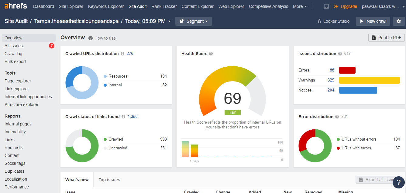 The Aesthetics Lounge and Spa Tampa 1 Ahrefs Site Audit overview dashboard showing a health score of 69 for Tampa The Aesthetics Lounge and Spa website.