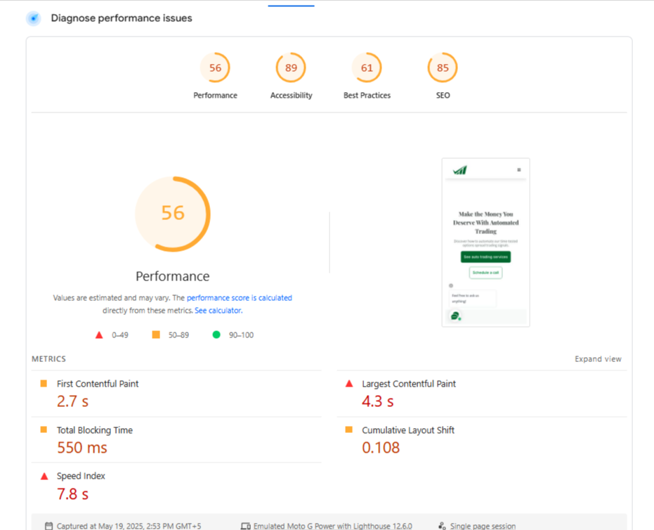 Google PageSpeed Insights report showing a performance score of 56 and SEO score of 85 for a mobile website.