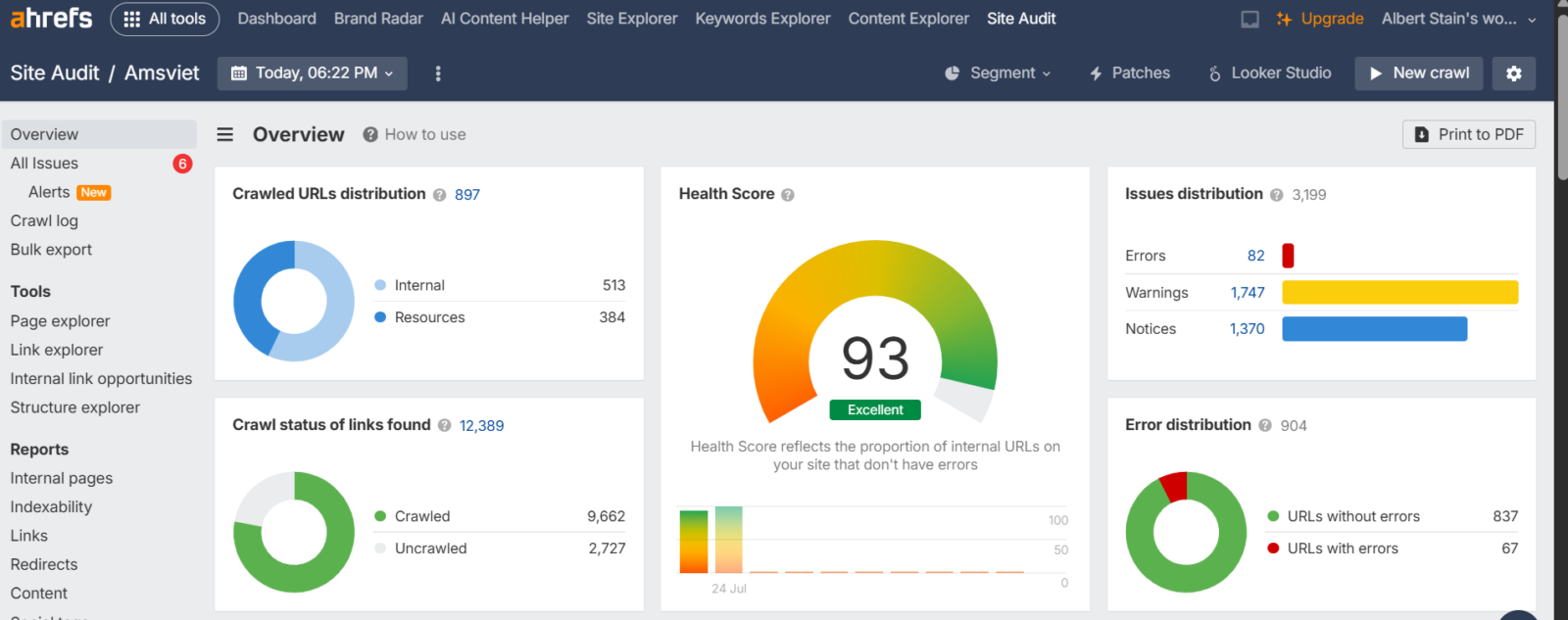 Amsviet 1 Amsviet website SEO audit report on Ahrefs dashboard showing a 93 health score and distribution of crawled URLs and technical issues.