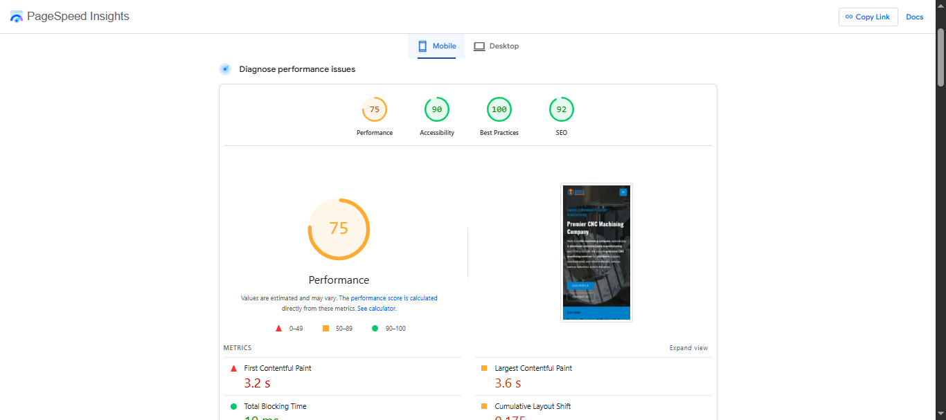 Amsviet 3 Amsviet website mobile performance report on Google PageSpeed Insights showing a performance score of 75, accessibility of 90, best practices of 100, and SEO score of 92.