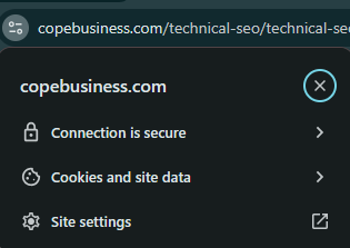 Chrome browser site settings popup for copebusiness.com showing secure connection and cookie options.
