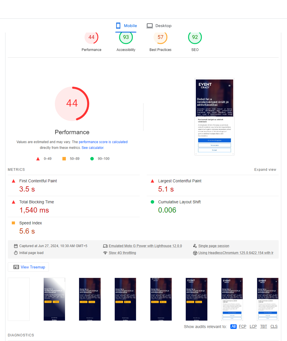 Google PageSpeed Insights report for Eventcrazy mobile showing 44 performance score, 93 accessibility, and 92 SEO score.