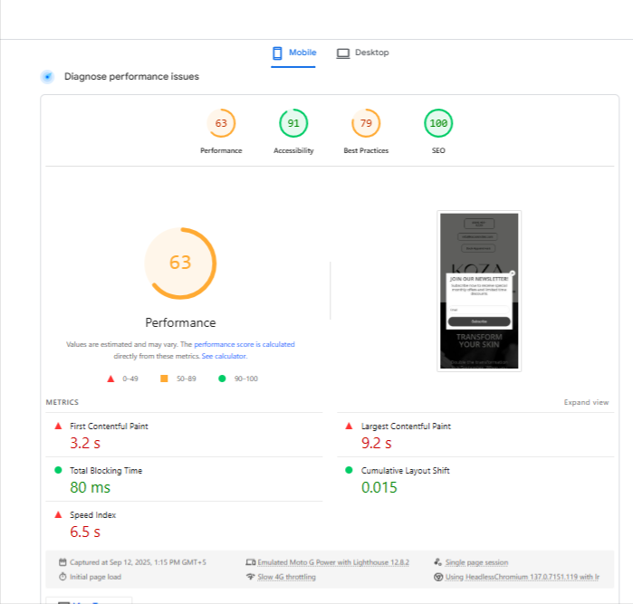Koza skin clinic 3 Google Lighthouse mobile performance report showing scores for performance 63, accessibility 91, best practices 79, and a perfect SEO score of 100.