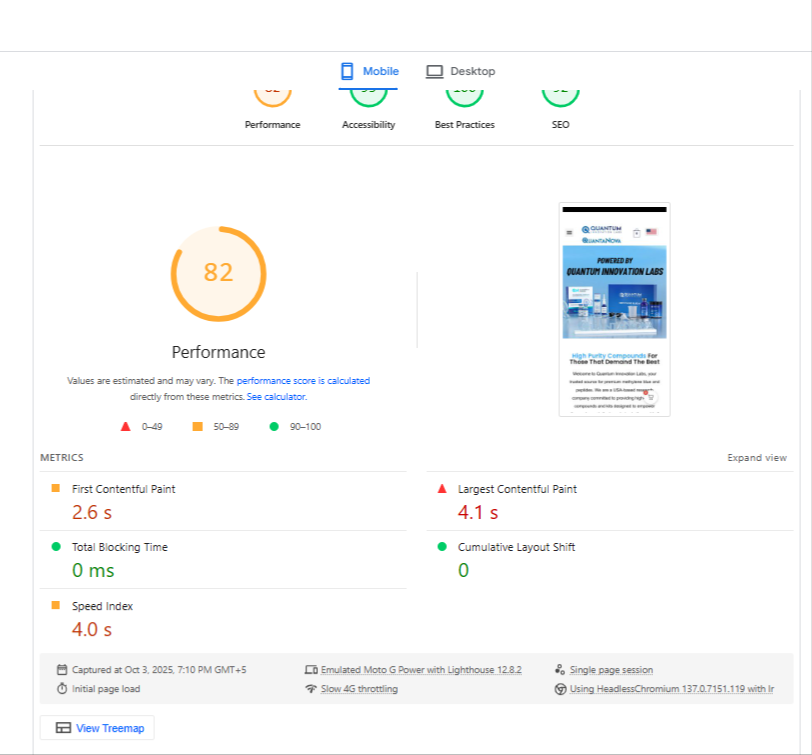 Google PageSpeed Insights report for Quantum Innovation Labs mobile site, showing a performance score of 82 with metrics like First Contentful Paint and Largest Contentful Paint.