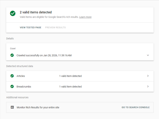 Google Search Console Rich Results test showing valid structured data for Articles and Breadcrumbs.