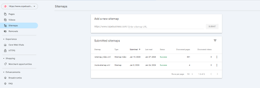 Google Search Console Sitemaps dashboard showing successfully submitted XML sitemaps for copebusiness.com.