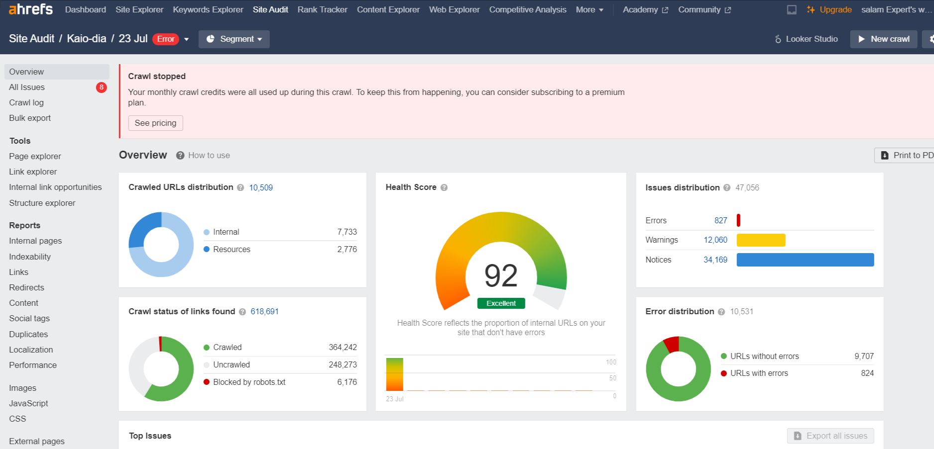 Ahrefs Site Audit overview for Kaio-dia website showing a 92 percent health score, 827 errors, and 12,060 warnings with a stopped crawl notification.