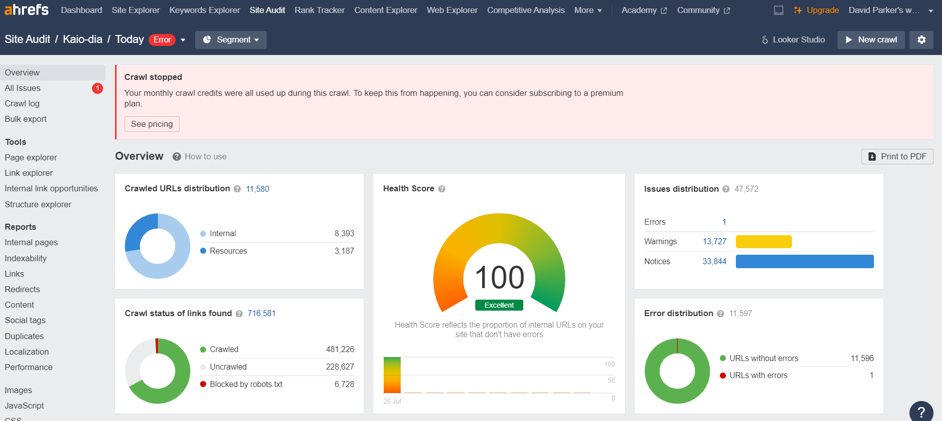 Kaio-dia website SEO audit report on Ahrefs dashboard showing 100 percent health score and crawl distribution.
