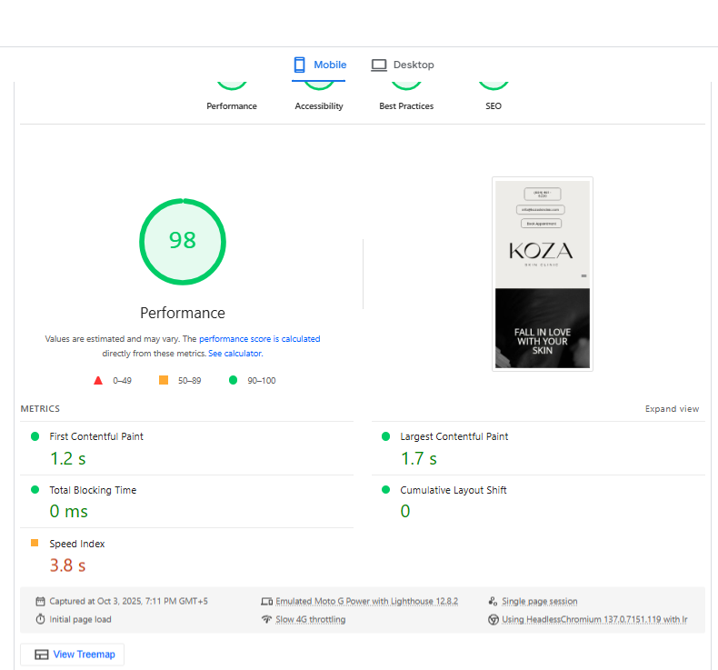 Koza skin clinic 4 Google Lighthouse mobile performance report showing a high score of 98 with significantly improved loading metrics.