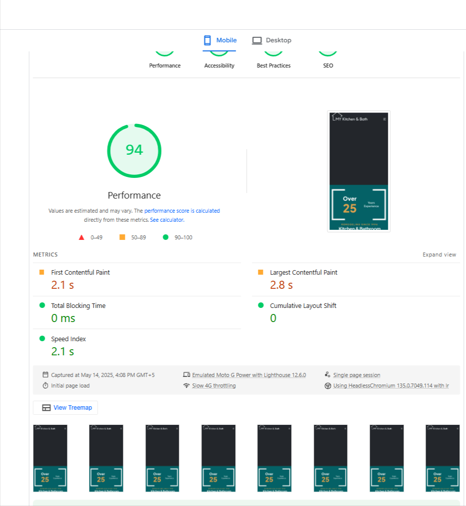 My Kitchen and Bath 4 Improved PageSpeed Insights mobile report for Mykitchenandbath showing a 94 performance score and optimized LCP of 2.8s.