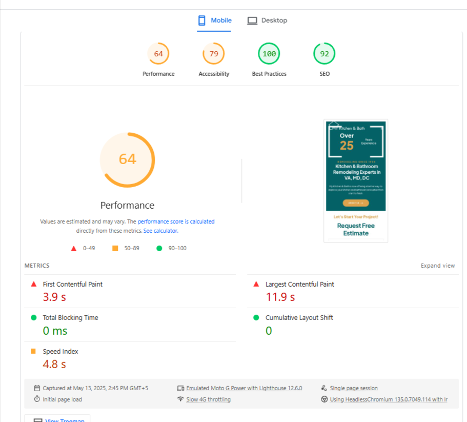 My Kitchen and Bath 3 Google PageSpeed Insights mobile report for Mykitchenandbath showing 92 SEO score and 100 Best Practices score.