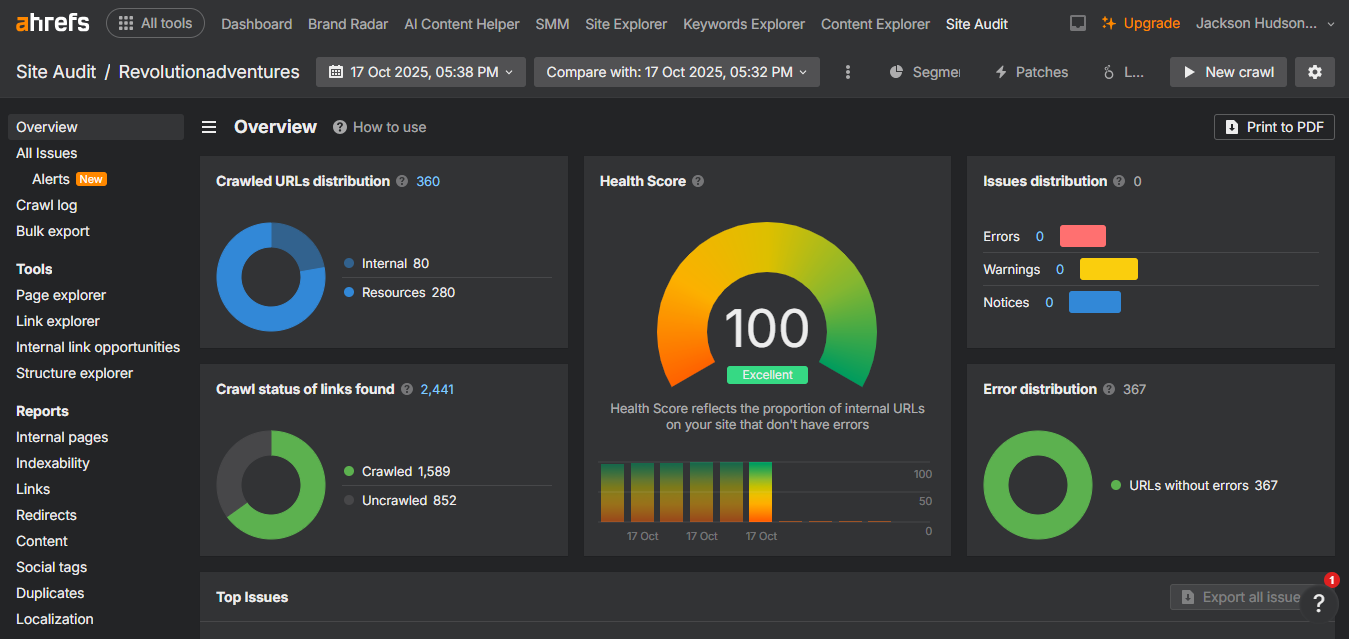 Revolution Adventures 2 Ahrefs Site Audit dashboard showing a perfect Health Score of 100 for Revolutionadventures, with zero errors, warnings, or notices.