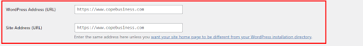 WordPress general settings dashboard showing WordPress Address and Site Address URL fields for copebusiness.com.
