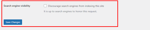WordPress search engine visibility setting checkbox to discourage indexing