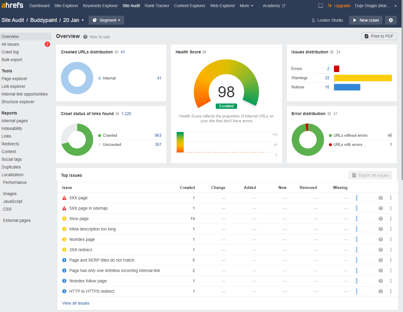 Buddypaint 1 Ahrefs Site Audit overview for Buddypaint showing a 98 Health Score and top SEO issues