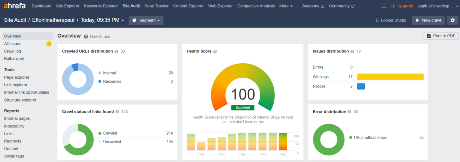 EFT Online Therapeut 2 Ahrefs Site Audit report for Eftonlinetherapeut showing a perfect 100 percent health score and zero technical errors.