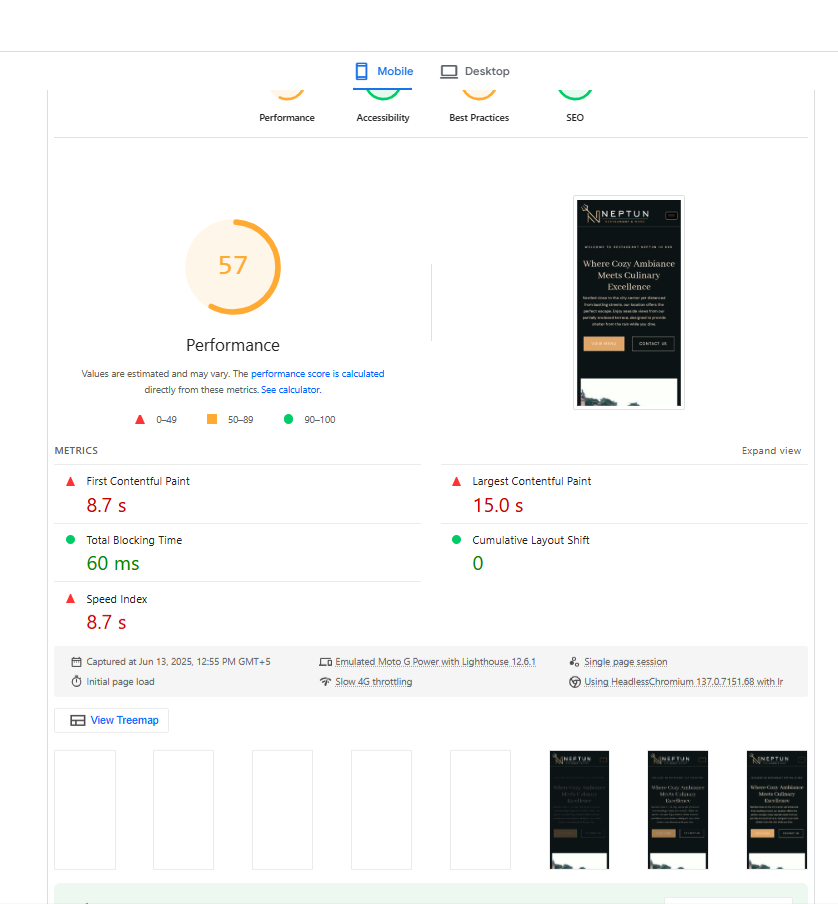 Neptun 3 Google PageSpeed Insights report for Neptun mobile version showing a performance score of 57 and core web vitals metrics.
