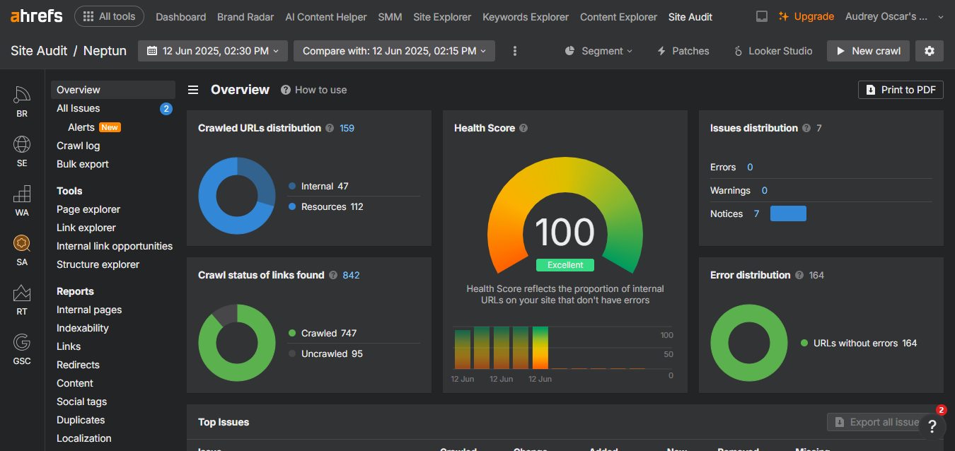 Neptun 2 Ahrefs Site Audit for Neptun showing a perfect 100 health score with zero errors and warnings.
