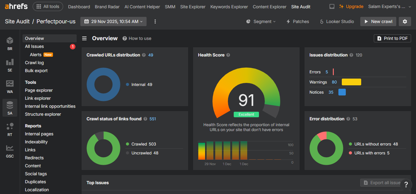 Ahrefs Site Audit overview dashboard for Perfectpour-us showing a Health Score of 91, issues distribution, and crawl status charts.