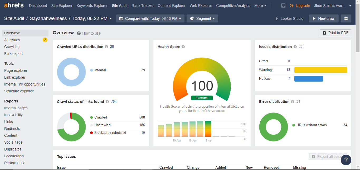 Sayanah Wellness 2 Ahrefs Rapport d'audit du site pour Sayanahwellness montrant un score parfait de la santé à 100% avec zéro erreur.