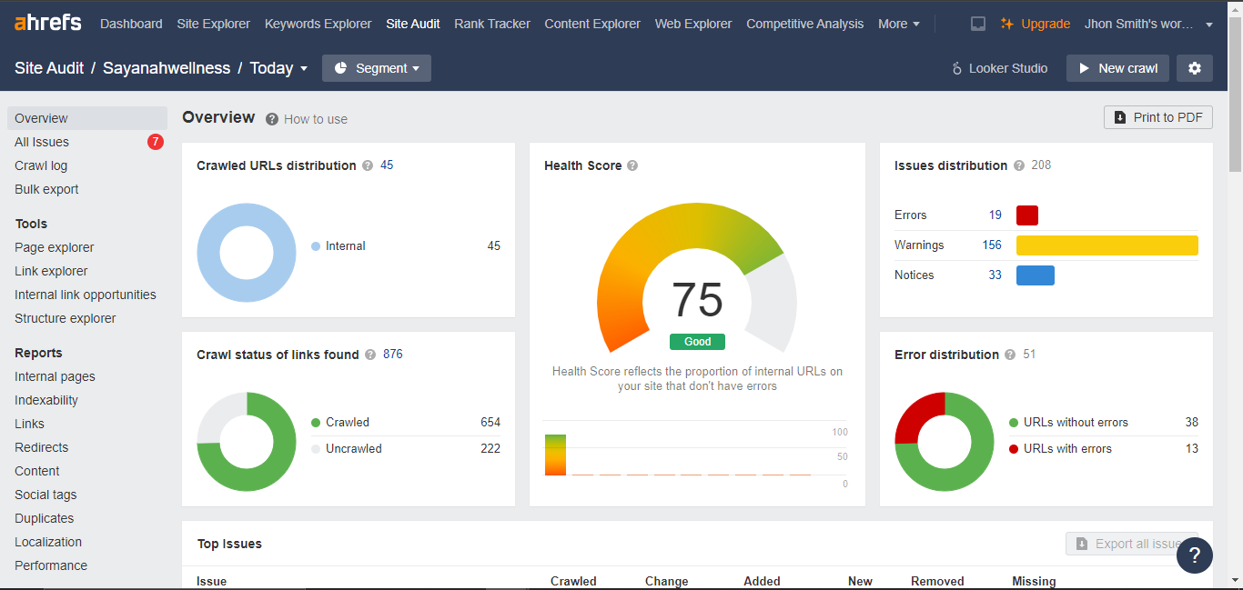 Sayanah Wellness 1 Rapport d'audit SEO pour Sayanahwellness sur Ahrefs montrant 19 erreurs et 156 avertissements.