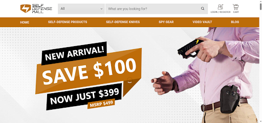 Case Studies 4 Self Defense Mall promotional banner featuring a new arrival sale, offering a 100 dollar discount on self-defense gear.