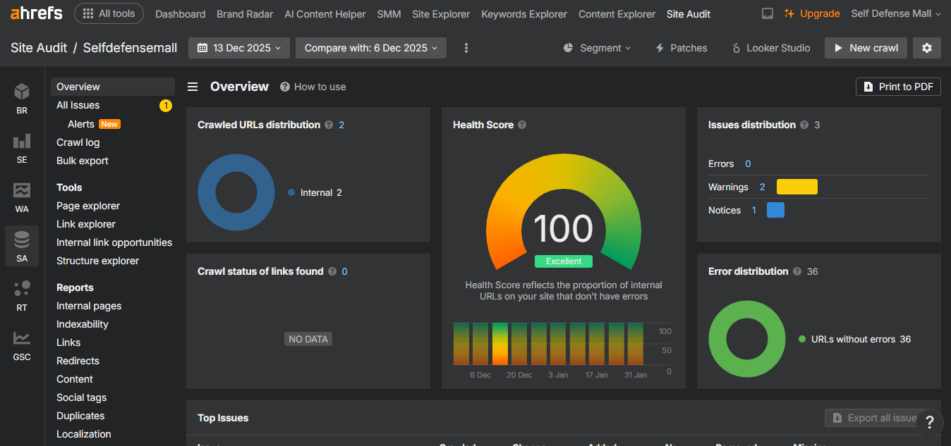 Ahrefs Site Audit overview for Selfdefensemall showing a perfect health score of 100 with 0 errors, 2 warnings, and 36 URLs without errors.