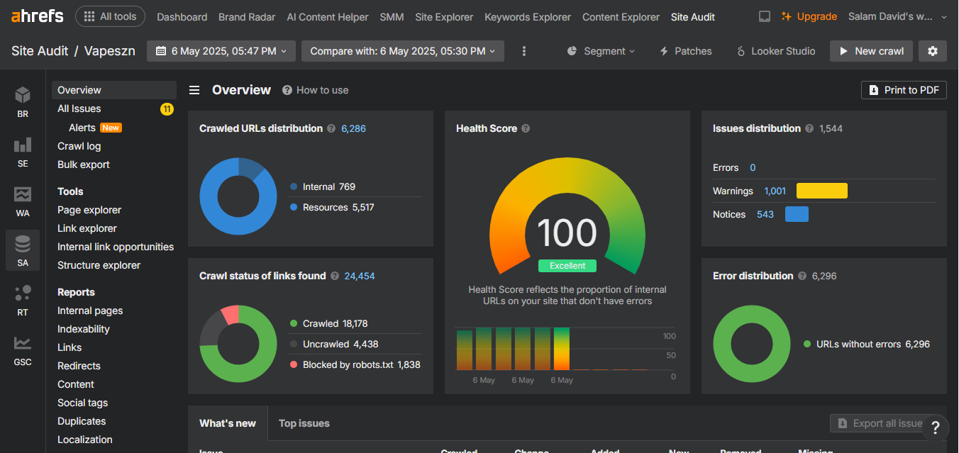 Vapeszn 2 Ahrefs Site Audit overview for Vapeszn showing a perfect 100 health score with zero errors and 6,296 error-free URLs.