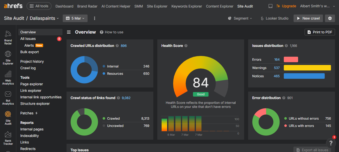 Dallas Paints 1 Ahrefs site audit overview showing 84 health score for Dallas Paints.