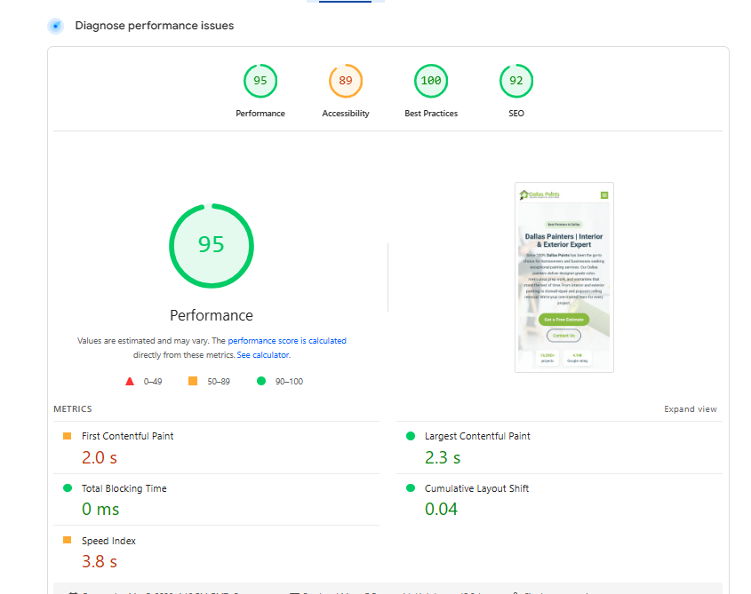 Dallas Paints 4 Google PageSpeed Insights report showing 95 performance score for Dallas Paints.