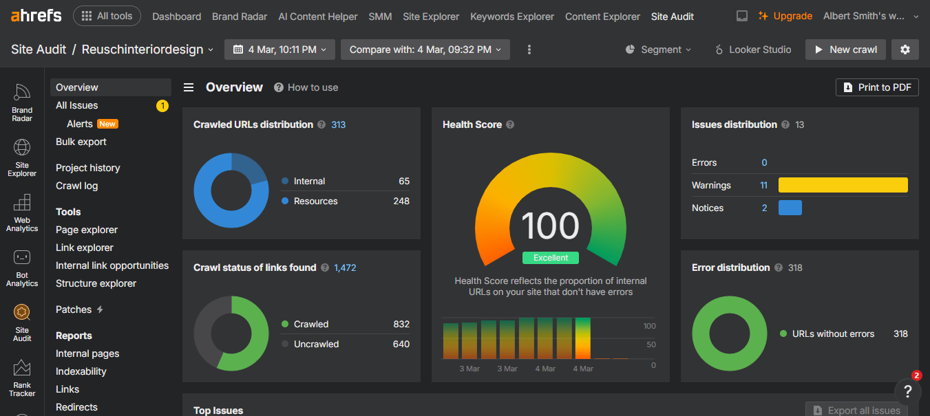 Reusch Interior Design 2 Ahrefs site audit showing 100 excellent health score for Reusch Interior Design.