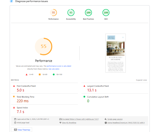 Reusch Interior Design 3 Google PageSpeed Insights report showing performance score for Reusch Interior Design.