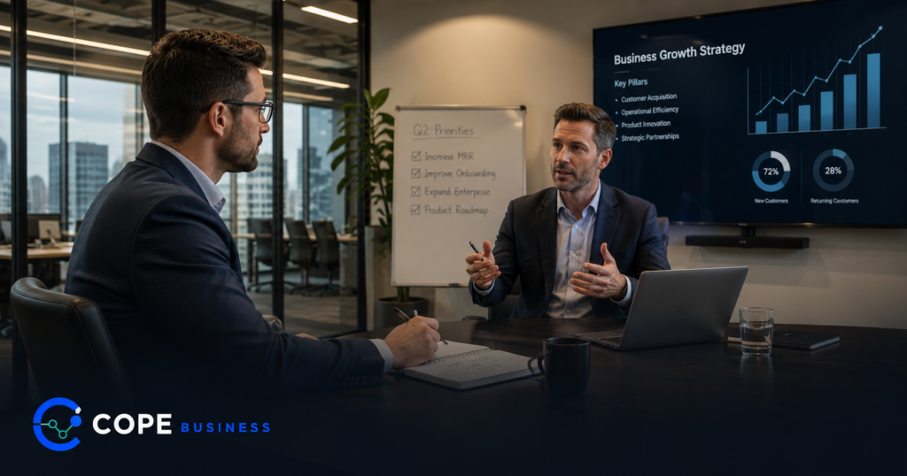 Two professionals discussing business strategy in a modern glass-walled meeting room