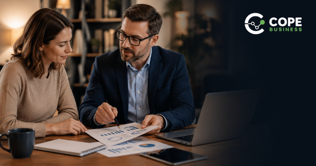 Consultant explaining performance reports and charts to a client during a strategy session