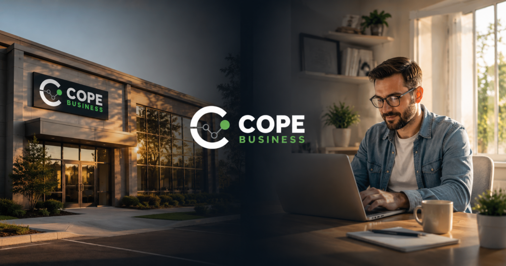 Split-screen showing a business office building and a remote professional working from home