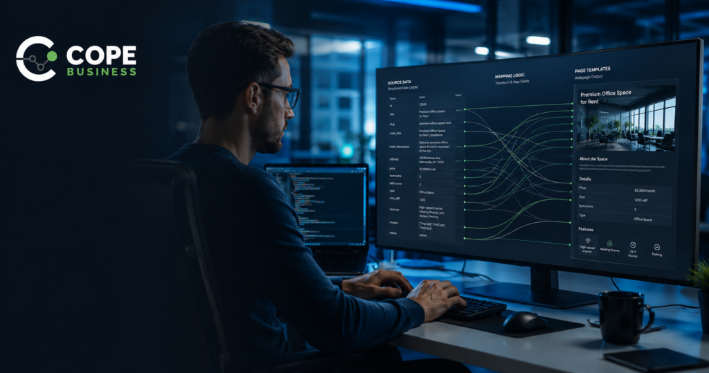 Data engineer mapping structured data to webpage templates on a multi-monitor workstation