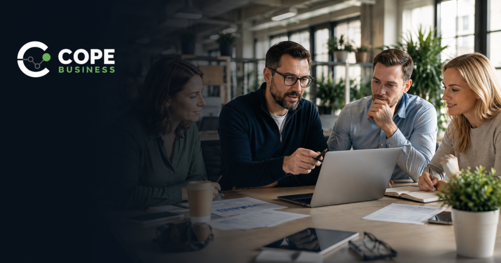 Specialist consultant collaborating with a client team around a laptop in an open-plan office