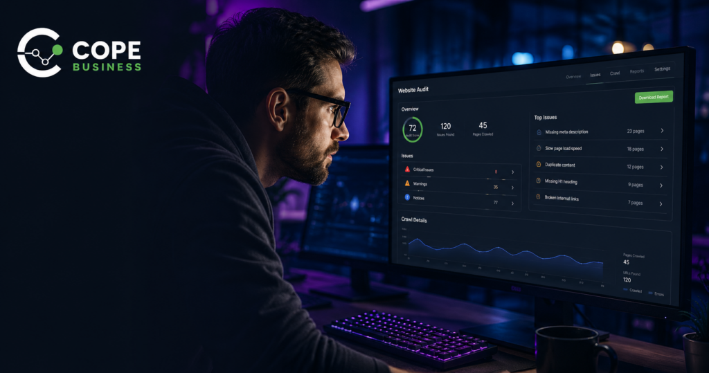 Developer reviewing website audit issues and technical SEO warnings on a large monitor