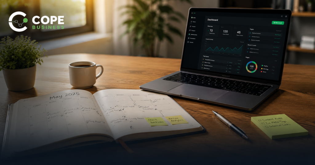 Monthly planner, laptop dashboard, and coffee cup arranged on an organized workspace desk