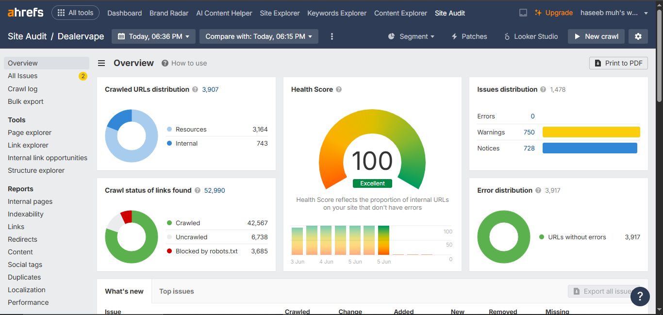 Ahrefs Site Audit overview for Dealervape showing a perfect SEO health score of 100.