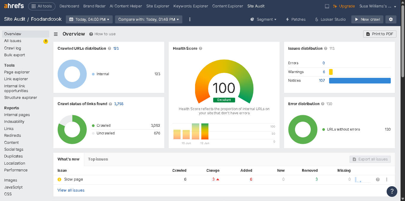 Ahrefs Site Audit overview for Foodandcook showing an optimized SEO health score of 100.