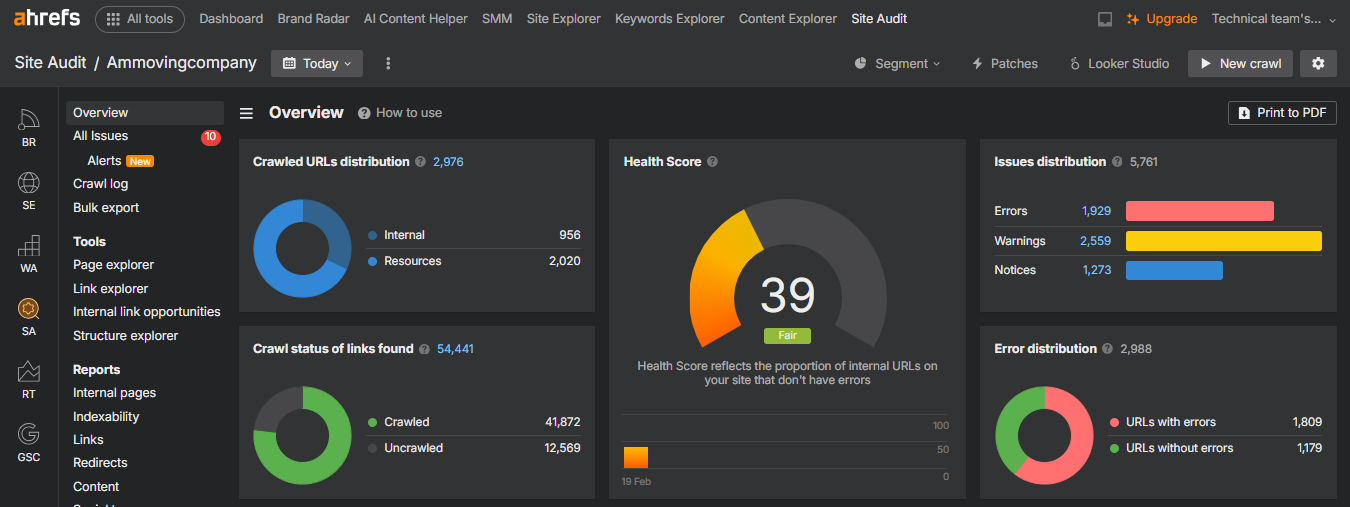 AM Moving Company 1 Ahrefs Site Audit dashboard showing a fair health score of 39 with technical SEO errors.