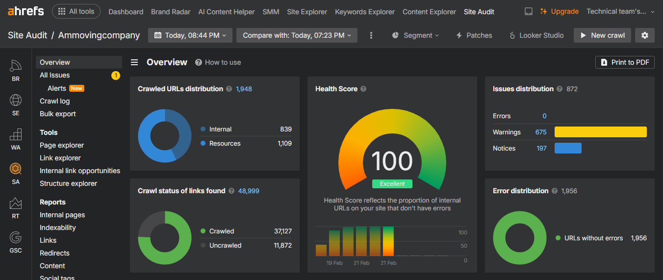 AM Moving Company 2 Ahrefs Site Audit dashboard showing a perfect health score of 100 after fixing website issues.