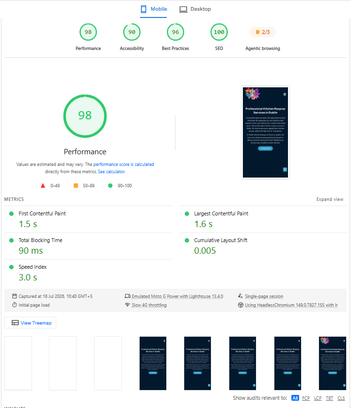 PageSpeed Insights mobile report after technical SEO optimisation.